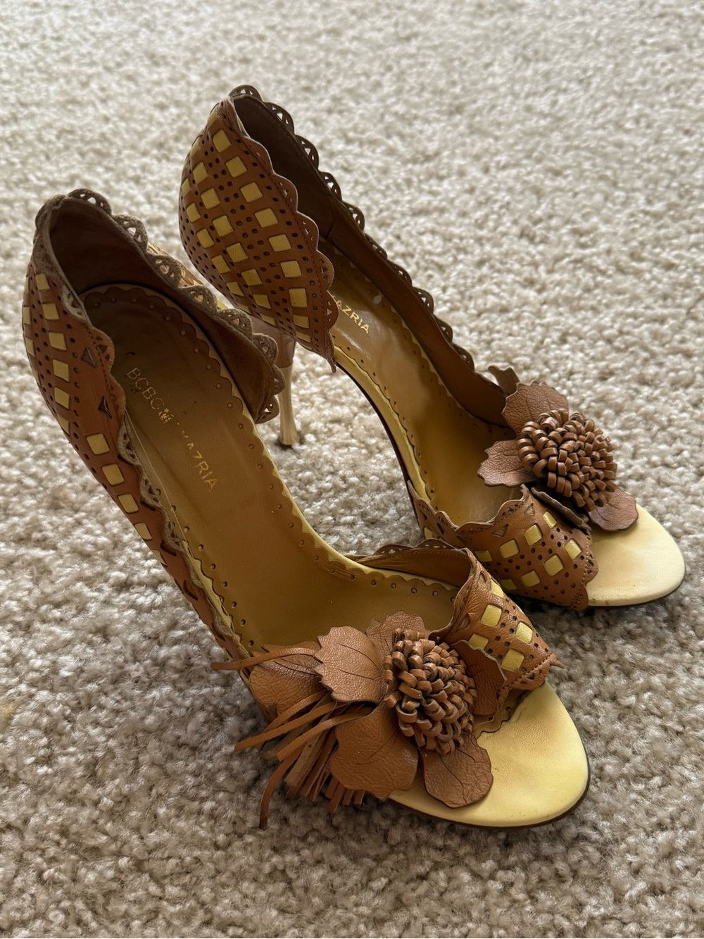 BCBG Max Azria Leather Floral Peep Toe Heels Brown Gold Laser Cut Pumps 8.5 HTF